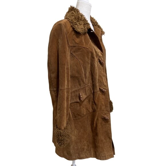Vintage Suburbia Leather Suede Shearling Trim Coat Womens Xl Brown Toggle Button - Picture 2 of 14